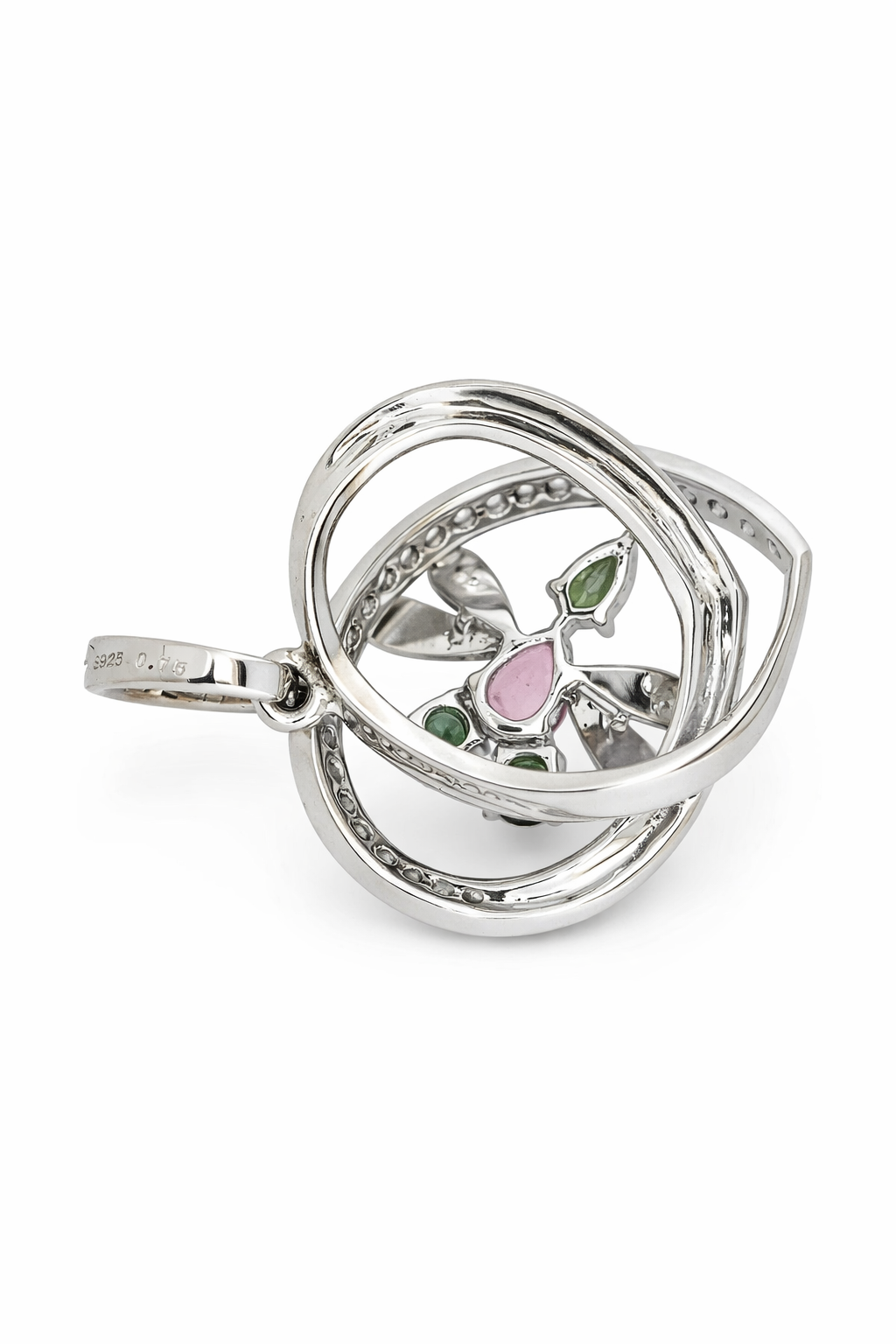 925 Green - Pink Tourmaline w - White Topaz Butterfly Pendant- 1.11 cts