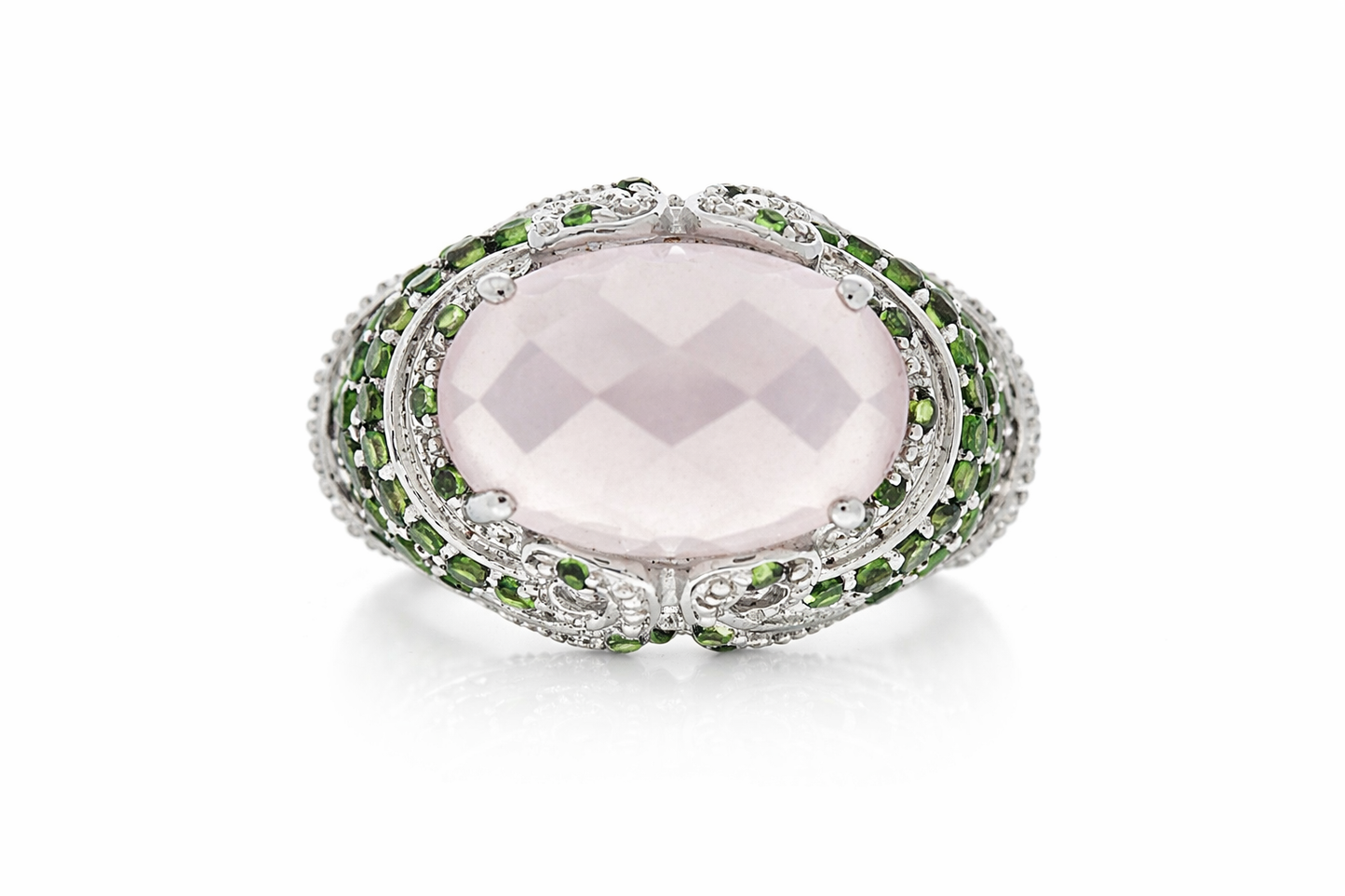 .925 Sterling Silver / Rose Quartz / Chrome Diopside Ring .