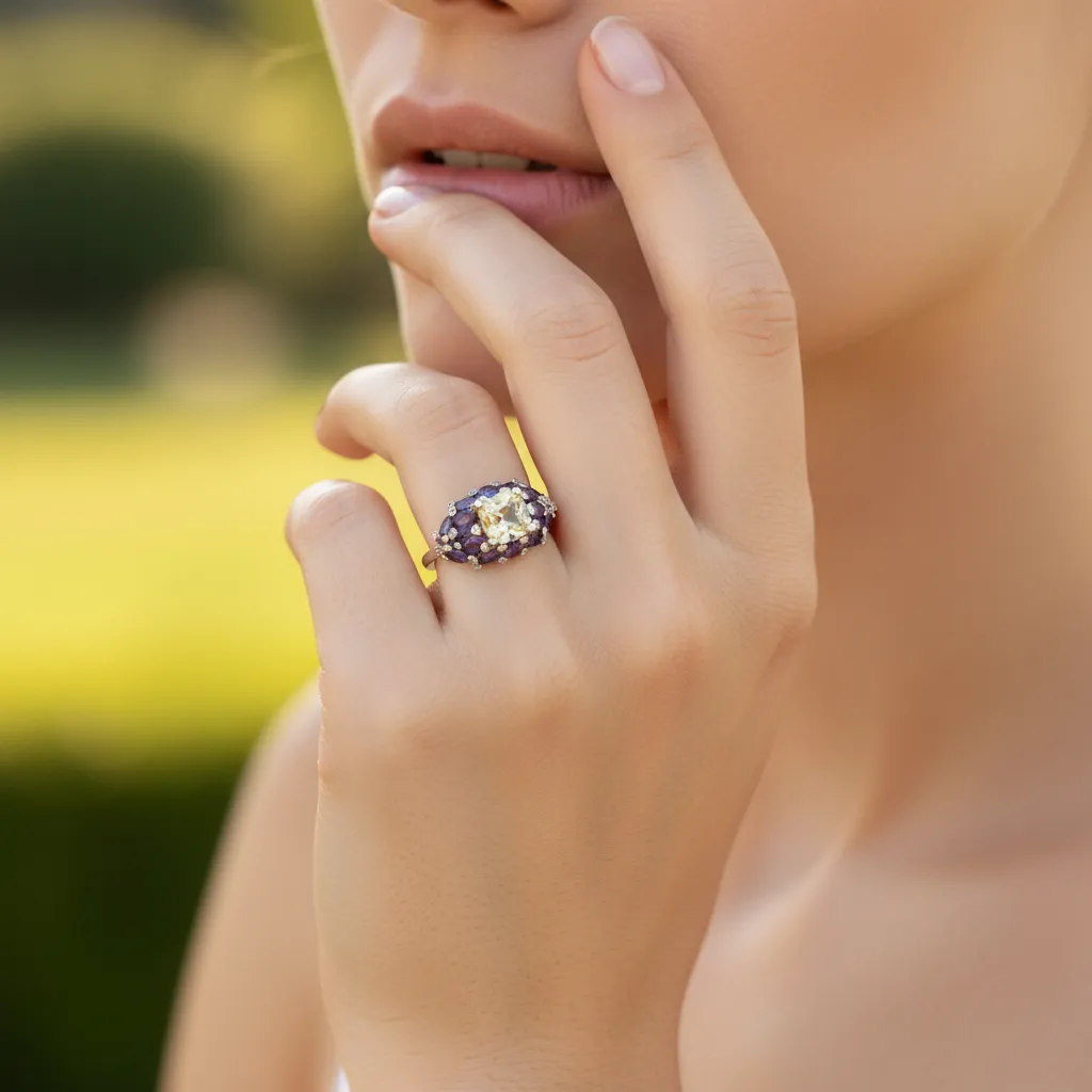 925 SS Lemon Quartz - Amethyst - White Topaz Ring - 15DOT70 cts