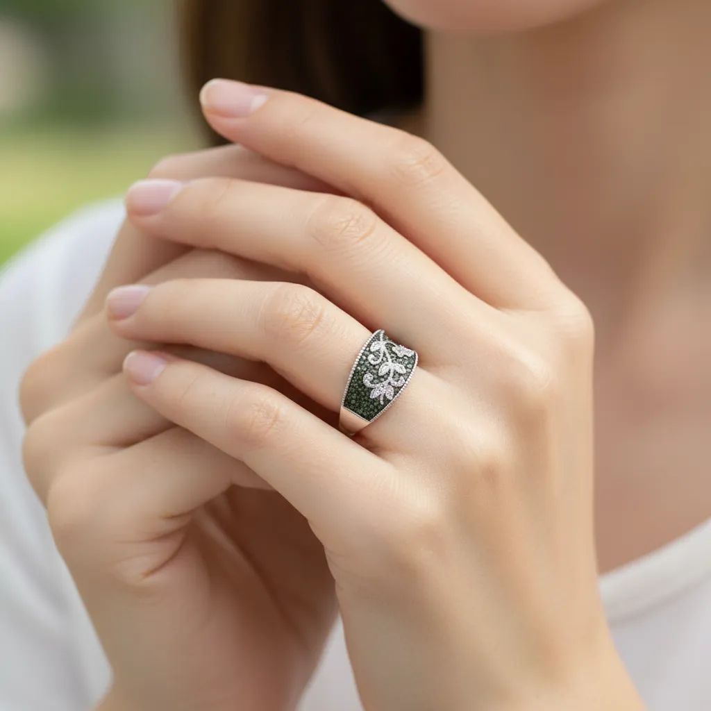 .925 Sterling Silver / Green And White Diamond Ring
