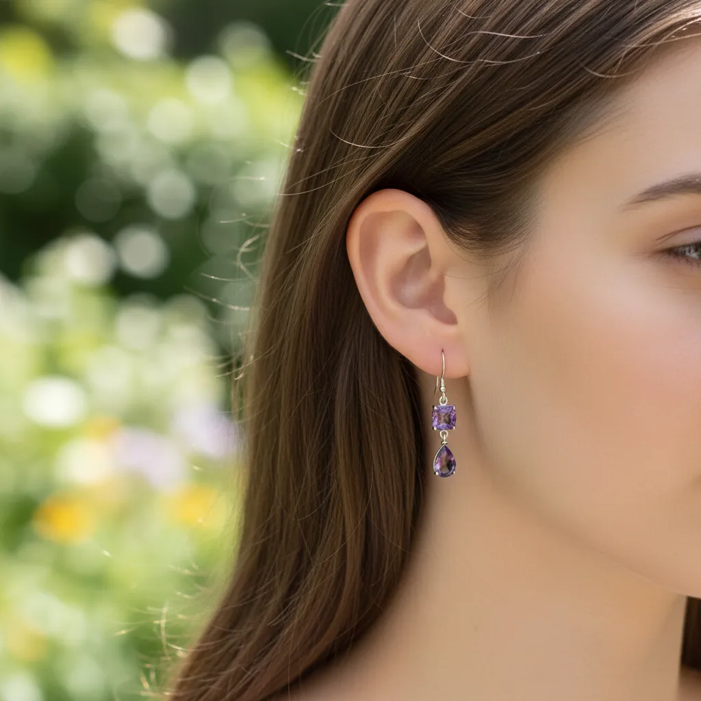 Amethyst/ White Topaz Hook Earring-7.30 cts