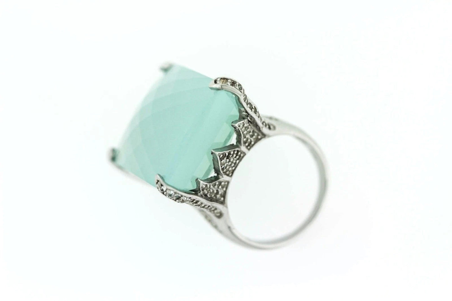 925 SS Aqua Chalcedony - White Topaz Ring - 43.50 cts