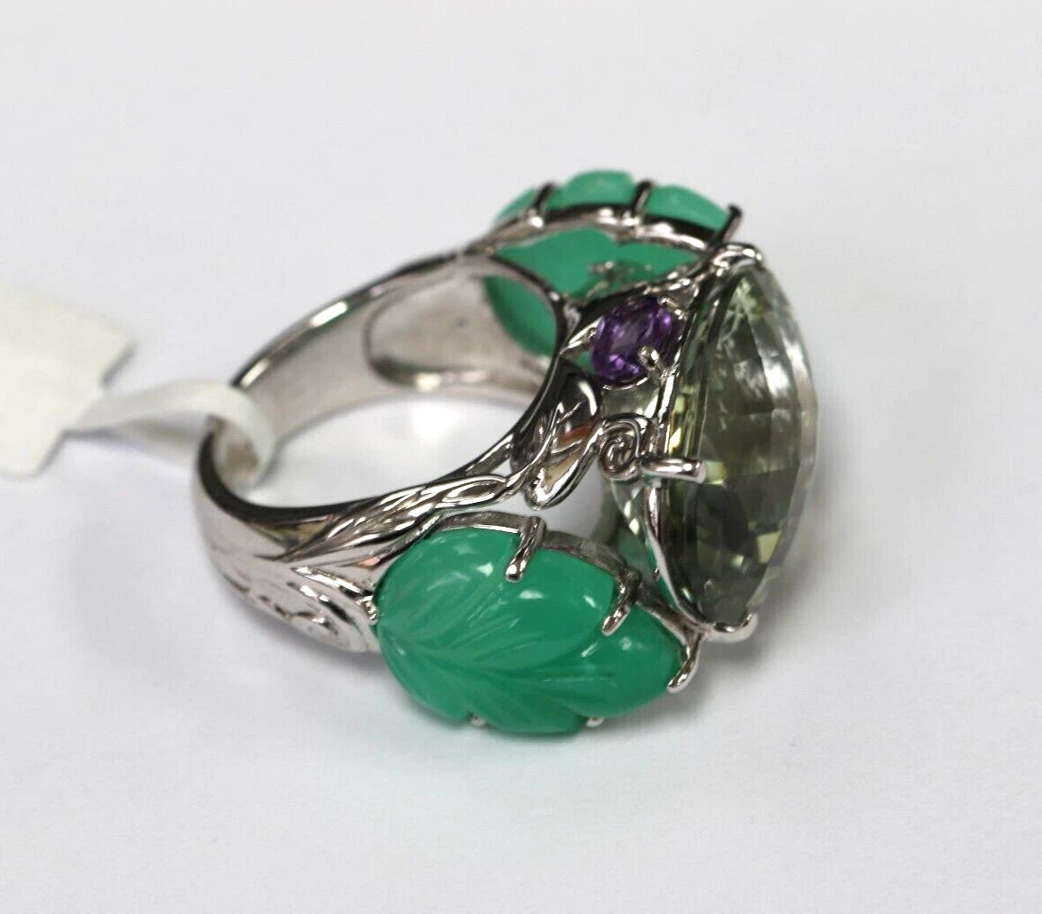 Green Amethyst - Chalcedony- Amethyst Silver Ring