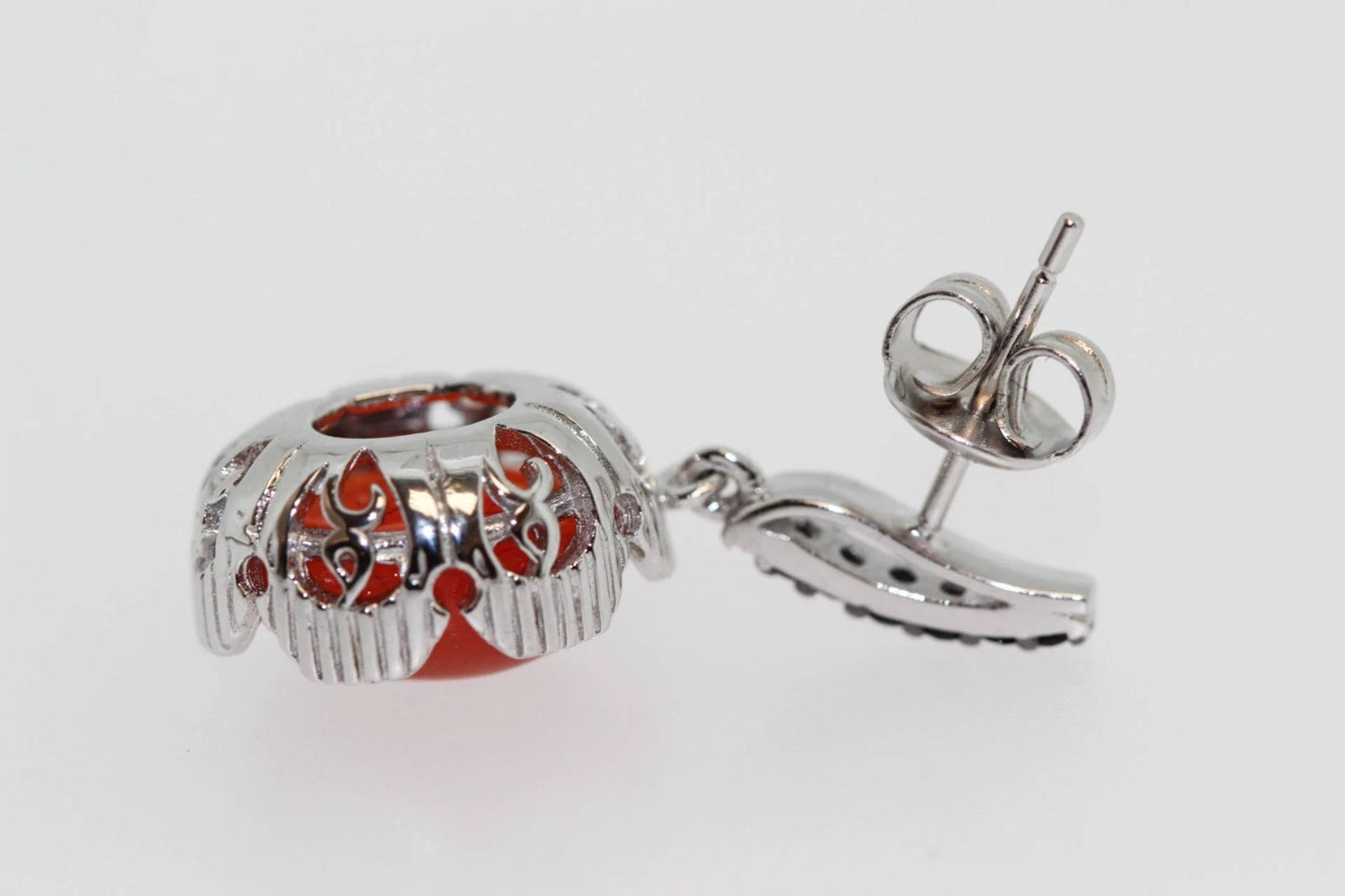 925 SS Orange Chalcedony-Black Spinel Ring,Pendant,Earring Set-11DOT56 cts