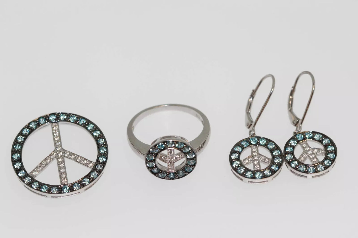 925 Sterling Silver Blue Topaz-White Topaz Ring-Earring-Pendant Set-3DOT22 cts