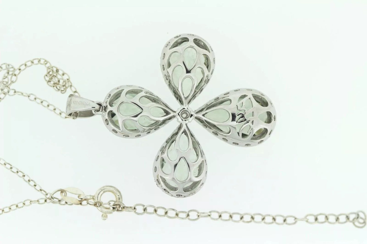 925 Sterling Silver Prasiolite /White Zircon Pendant w/ chain 18 "( 15.92 cts)
