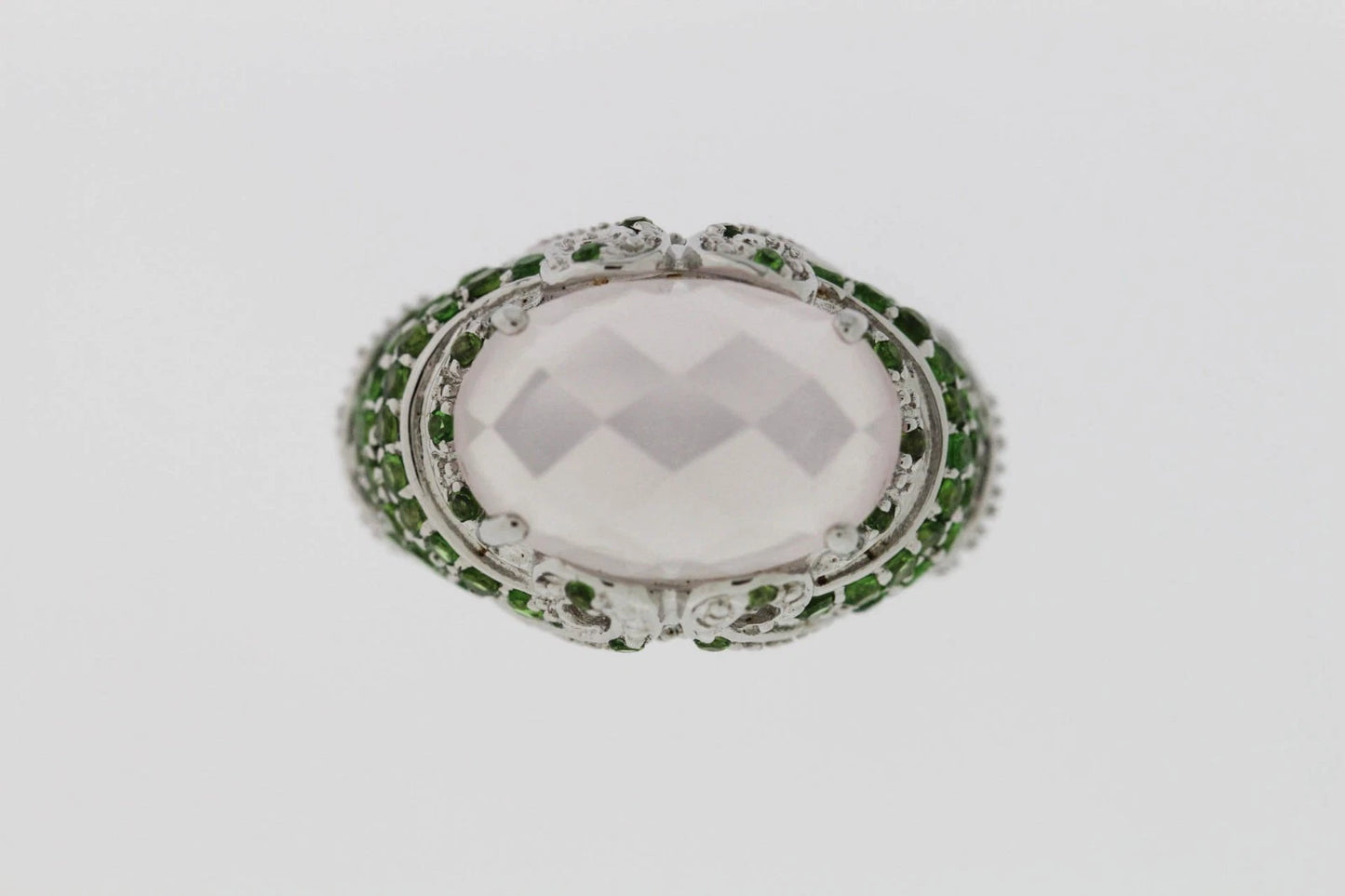 .925 Sterling Silver / Rose Quartz / Chrome Diopside Ring .