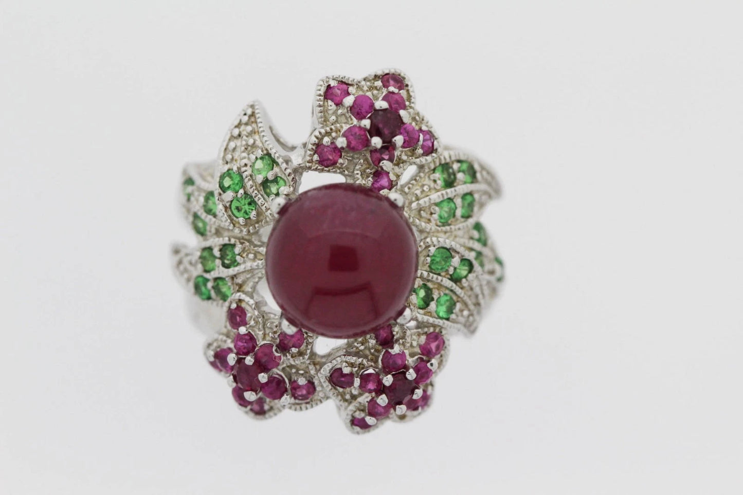 DOT925 Sterling Silver - Ruby - Emerald - Flower Ring DOT