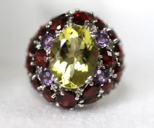 Ring-Lemon Quartz- Garnet- Amethyst- White Topaz Ring