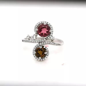 Ring-925 White Topaz- Tourmaline Silver Ring
