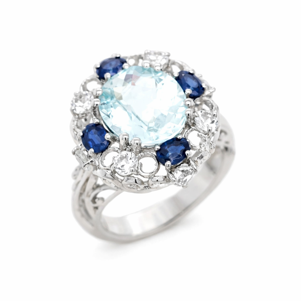 Aquamarine- Blue Sapphire- White Topaz Ring