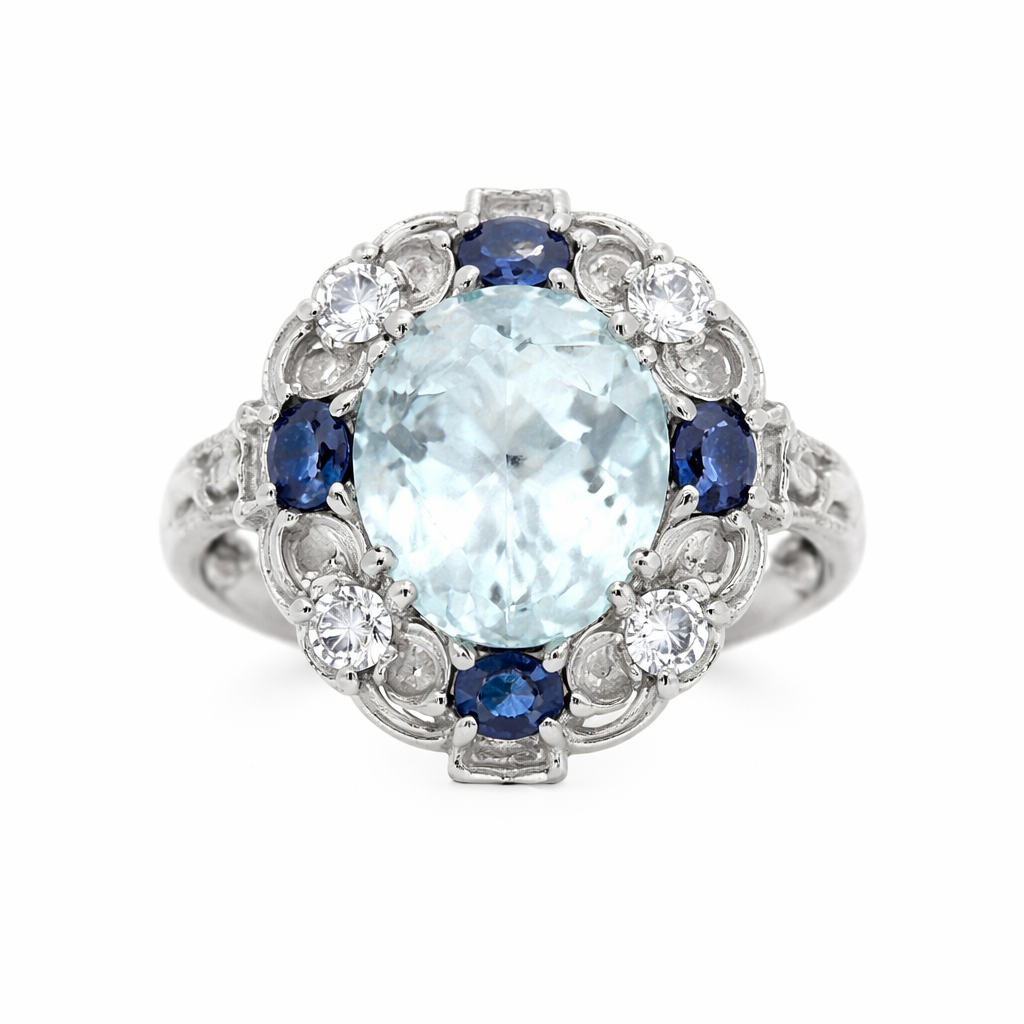 Aquamarine- Blue Sapphire- White Topaz Ring
