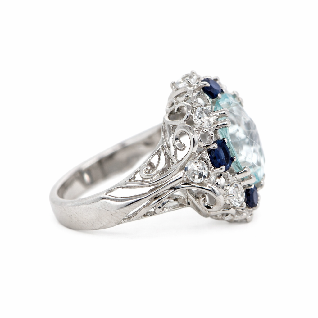 Aquamarine- Blue Sapphire- White Topaz Ring