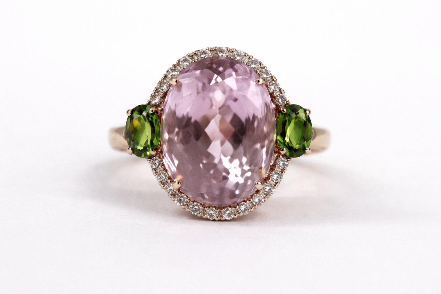 Kunzite - Chrome Diopside - White Sapphire Ring