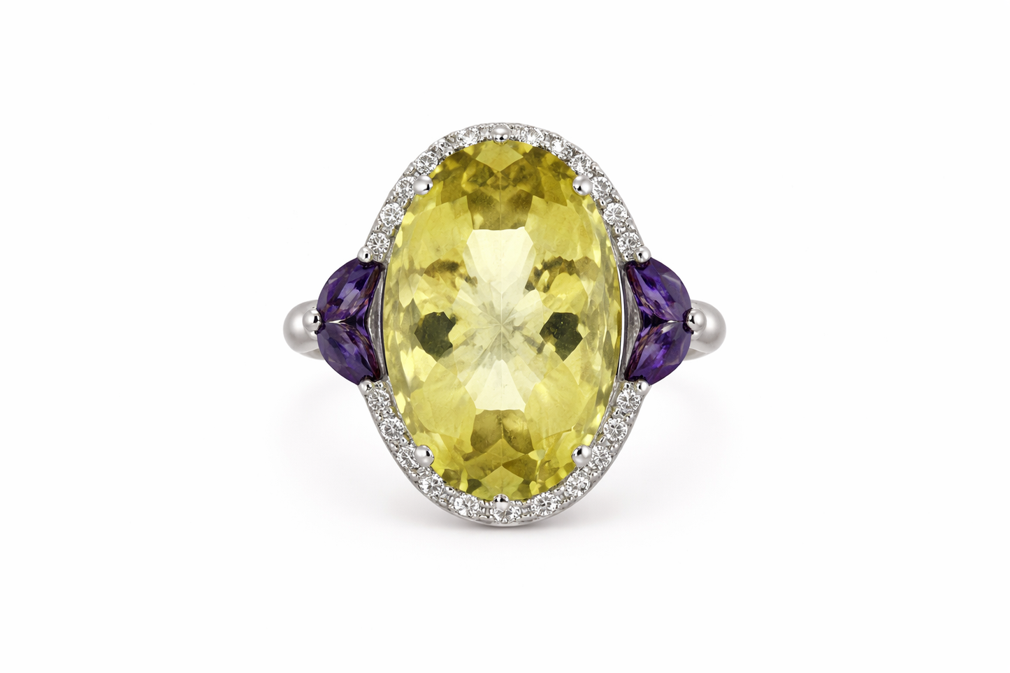 925 SS Lemon Quartz - Amethyst - White Topaz Ring - 21DOT50 cts