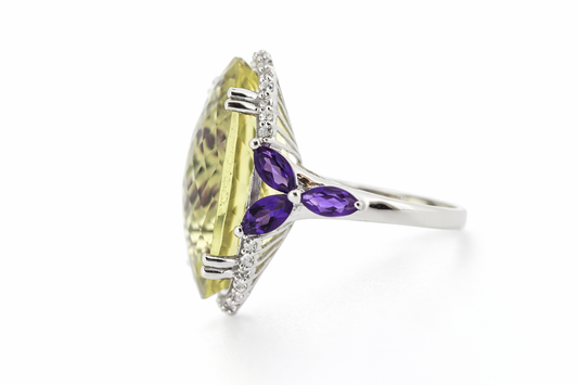 925 SS Lemon Quartz - Amethyst - White Topaz Ring - 21DOT50 cts