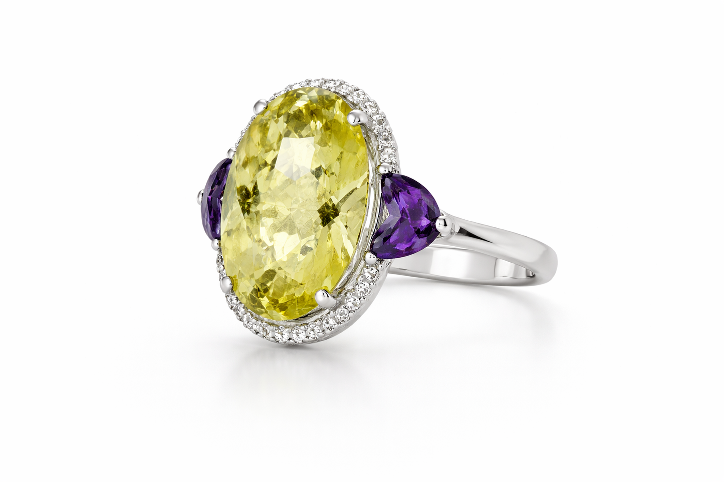 925 SS Lemon Quartz - Amethyst - White Topaz Ring - 21DOT50 cts