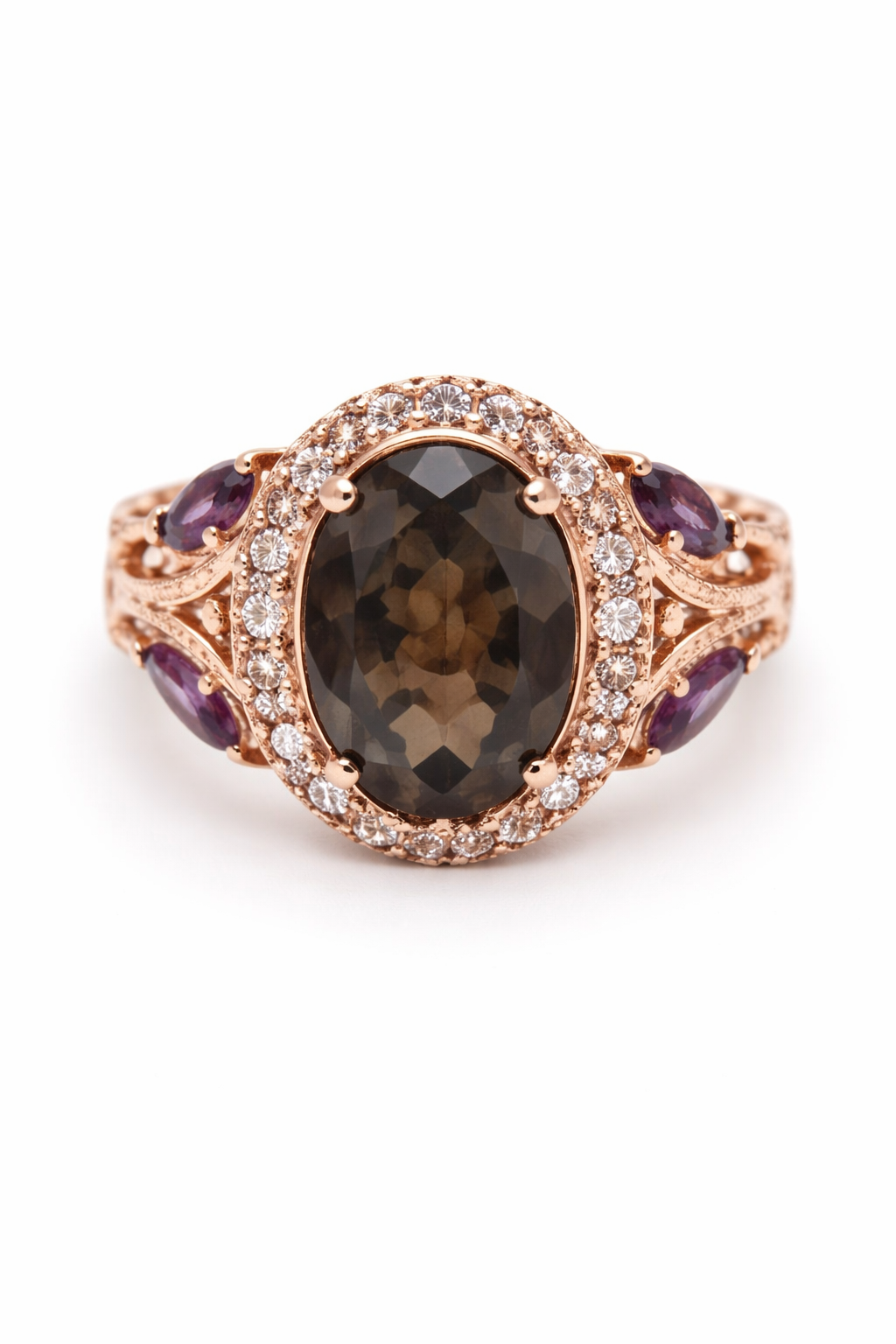 Smoky Quartz- Amethyst- Garnet Ring
