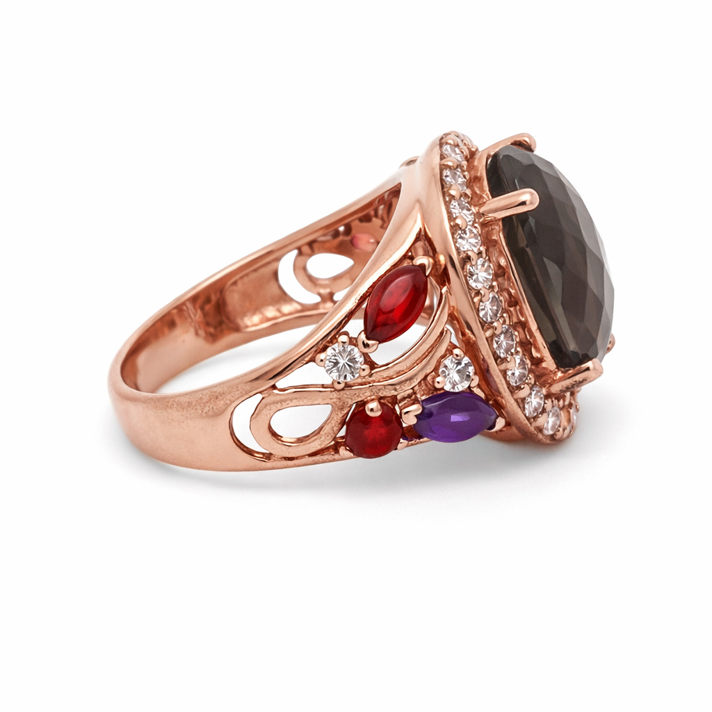 Smoky Quartz- Amethyst- Garnet Ring