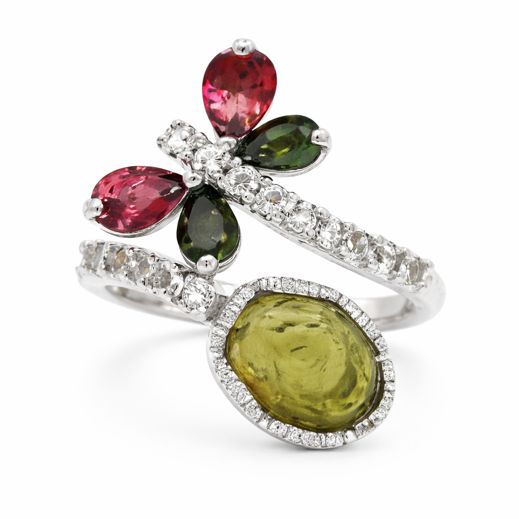 DOT925 Sterling Silver -Colors Of Tourmaline - White Topaz Ring DOT