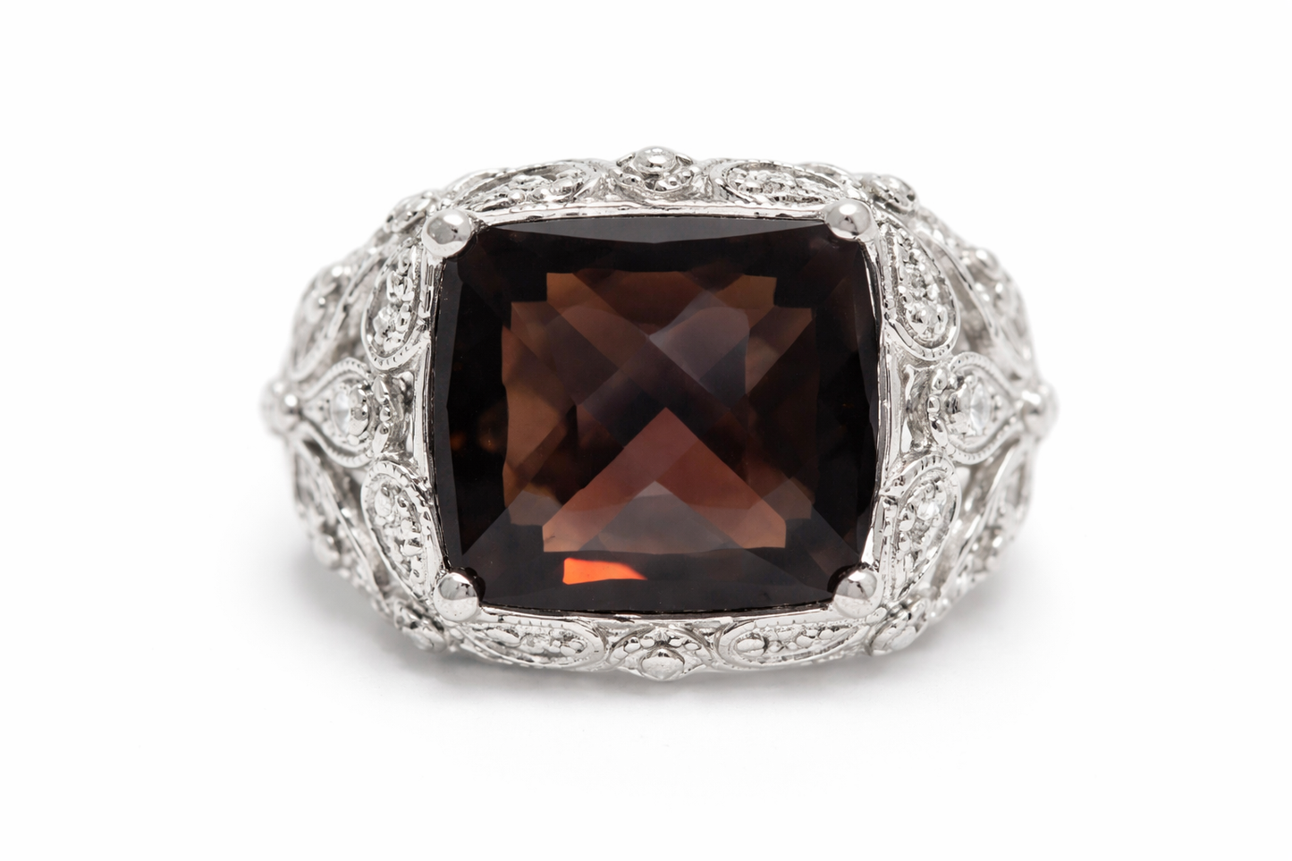 DOT925 Sterling Silver - Smokey Quartz - White Topaz Ring DOT