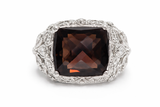 DOT925 Sterling Silver - Smokey Quartz - White Topaz Ring DOT