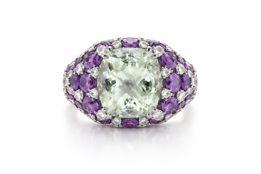 925 SS Green Amethyst - Amethyst - White Topaz Ring - 15DOT25 cts