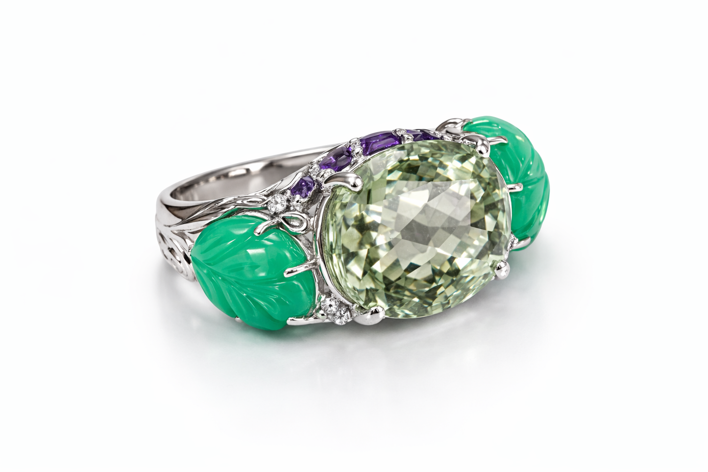 Green Amethyst - Chalcedony- Amethyst Silver Ring