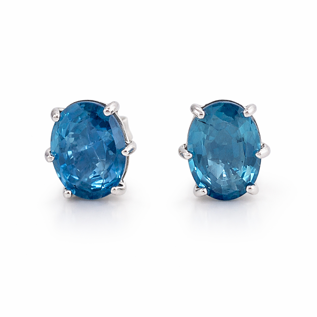 14K WHITE GOLD BLUE SAPPHIRE OVAL STUD EARRING 8x6, 2DOT66 CTS, HEAVY PUSH BACK