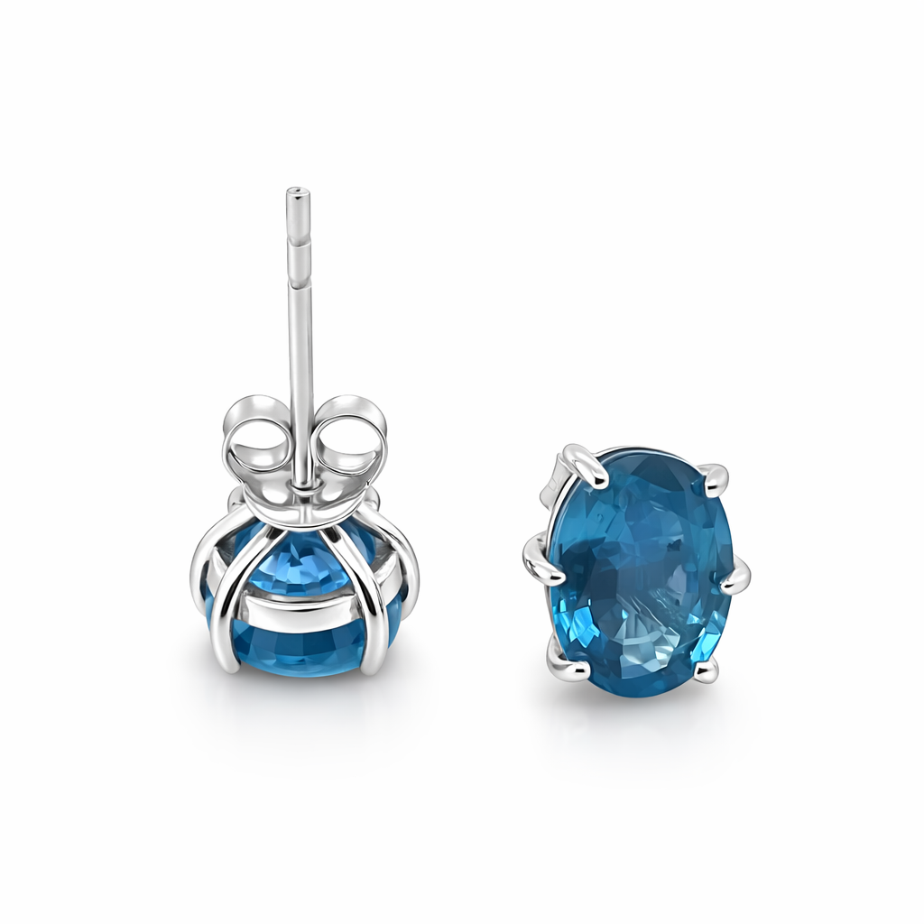 14K WHITE GOLD BLUE SAPPHIRE OVAL STUD EARRING 8x6, 2DOT66 CTS, HEAVY PUSH BACK