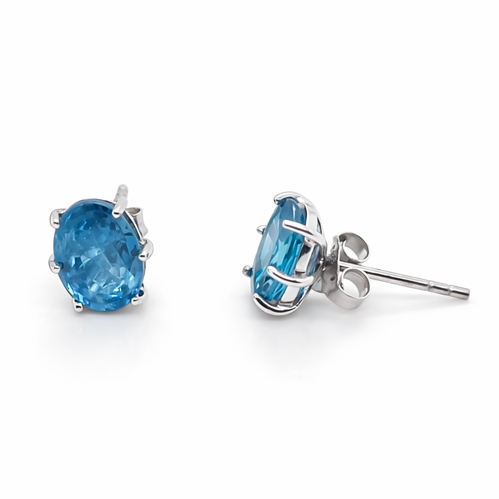 14K WHITE GOLD BLUE SAPPHIRE OVAL STUD EARRING 8x6, 2DOT66 CTS, HEAVY PUSH BACK
