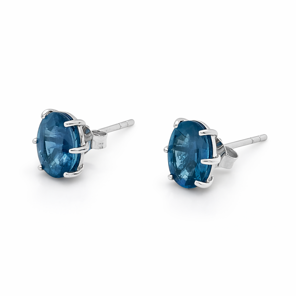 14K WHITE GOLD BLUE SAPPHIRE OVAL STUD EARRING 8x6, 2DOT66 CTS, HEAVY PUSH BACK