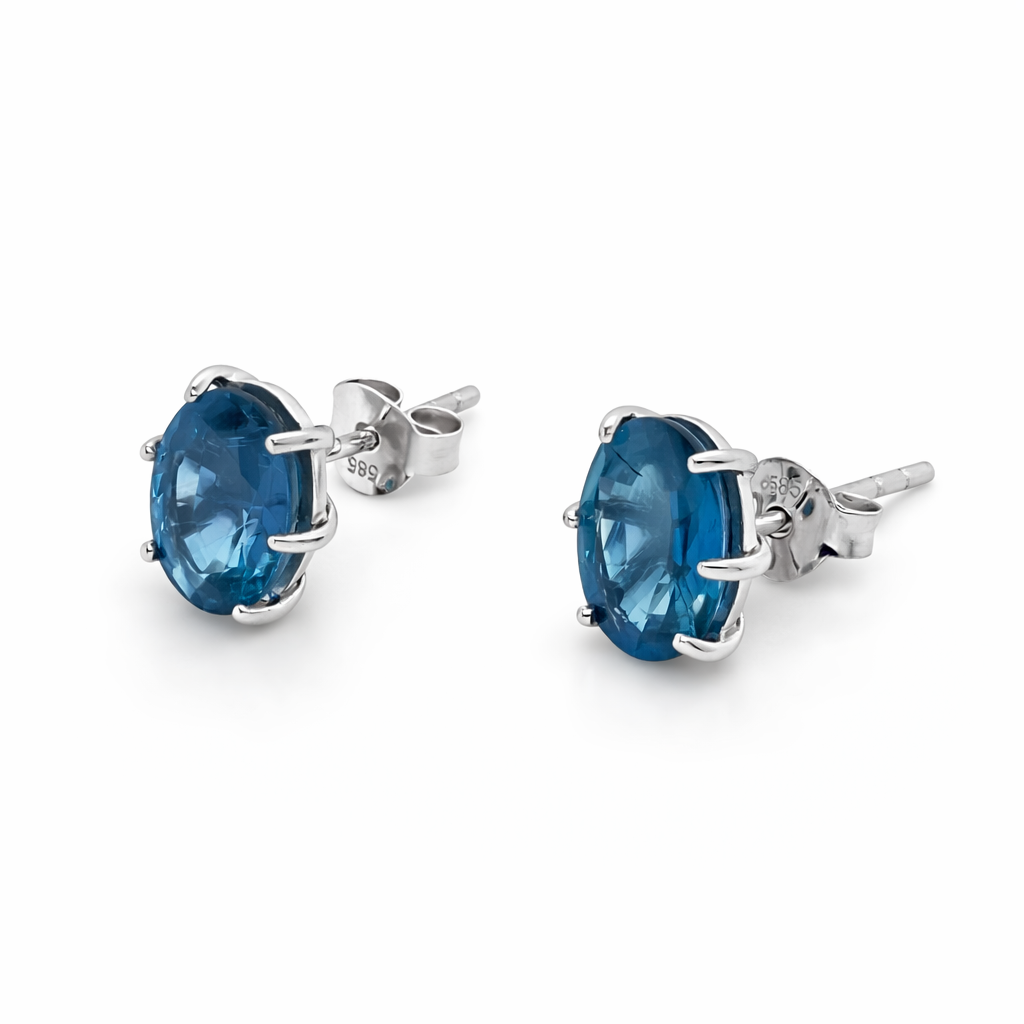 14K WHITE GOLD BLUE SAPPHIRE OVAL STUD EARRING 8x6, 2DOT66 CTS, HEAVY PUSH BACK