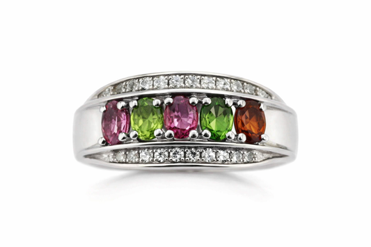 DOT925 Sterling Silver - Multicolor Tourmaline Ring - White Topaz DOT