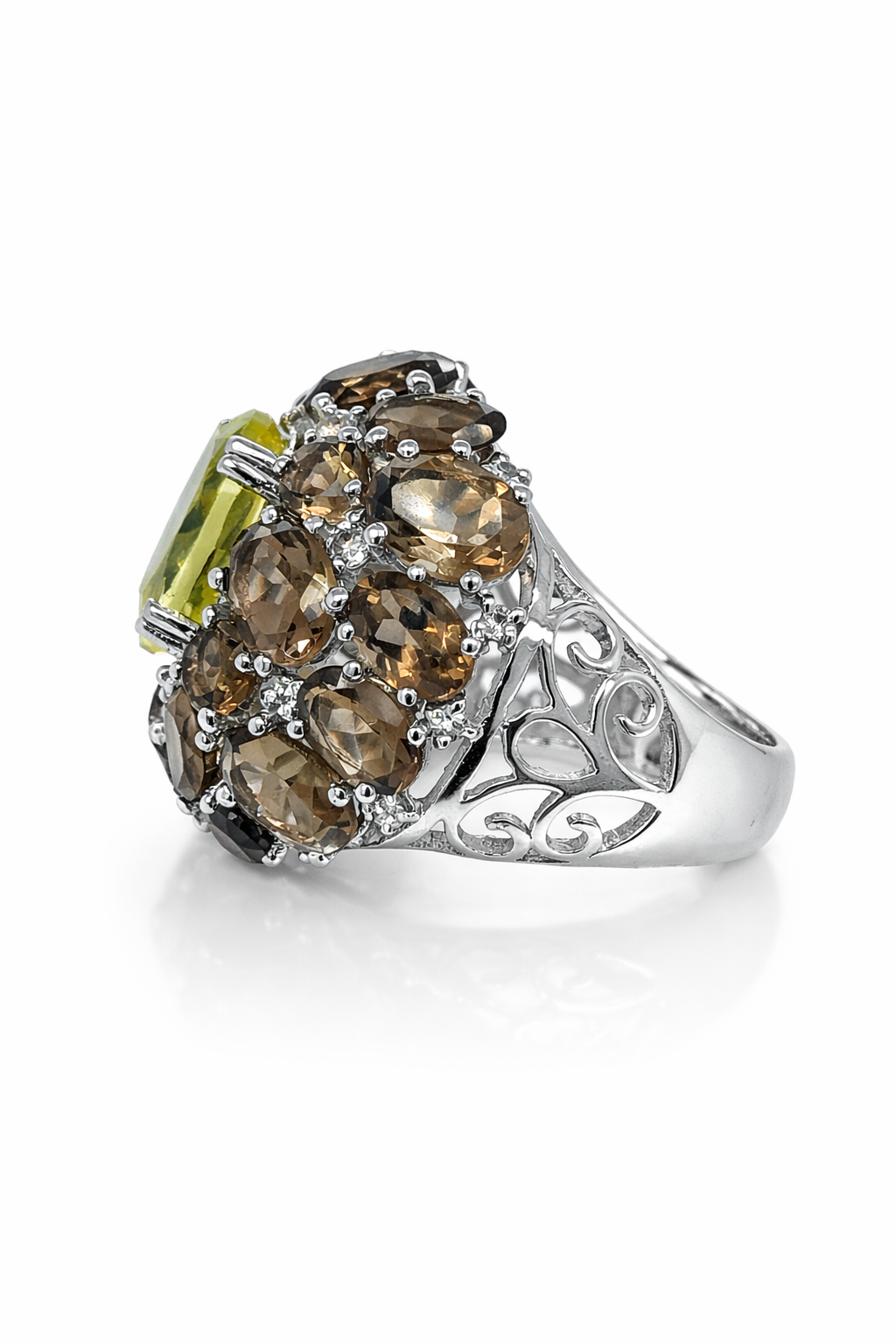 Smoky Topaz- Oro Verde- White Topaz Ring