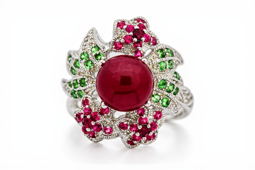 DOT925 Sterling Silver - Ruby - Emerald - Flower Ring.