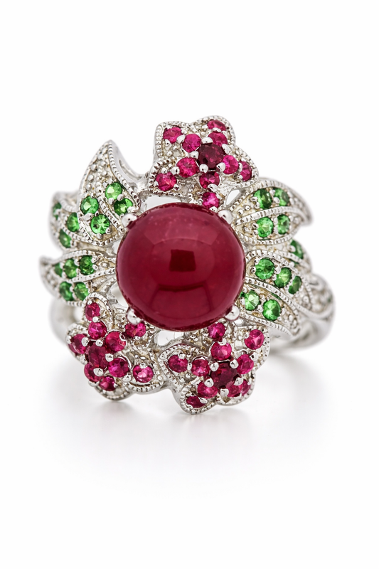 DOT925 Sterling Silver - Ruby - Emerald - Flower Ring DOT