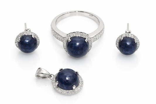 925 Sterling Silver Blue Corundum-White Topaz Ring-Pendant-Earring Set-22DOT84 cts