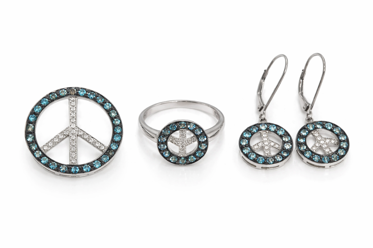 925 Sterling Silver Blue Topaz-White Topaz Ring-Earring-Pendant Set-3DOT22 cts