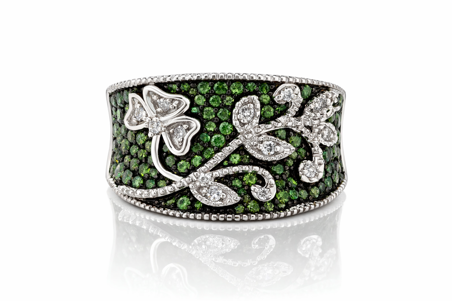 .925 Sterling Silver / Green And White Diamond Ring