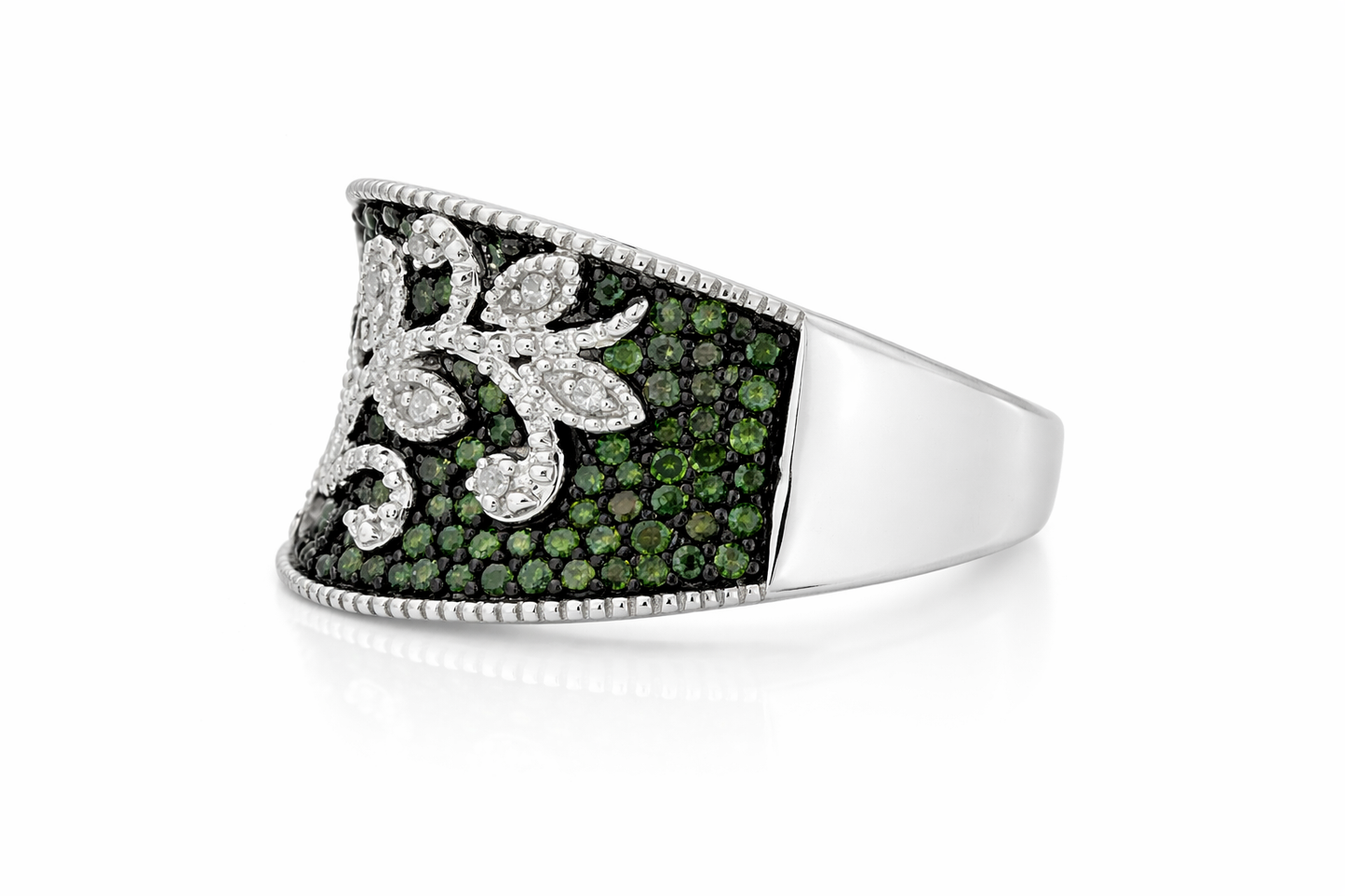.925 Sterling Silver / Green And White Diamond Ring