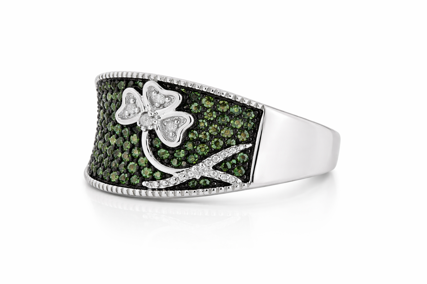 .925 Sterling Silver / Green And White Diamond Ring