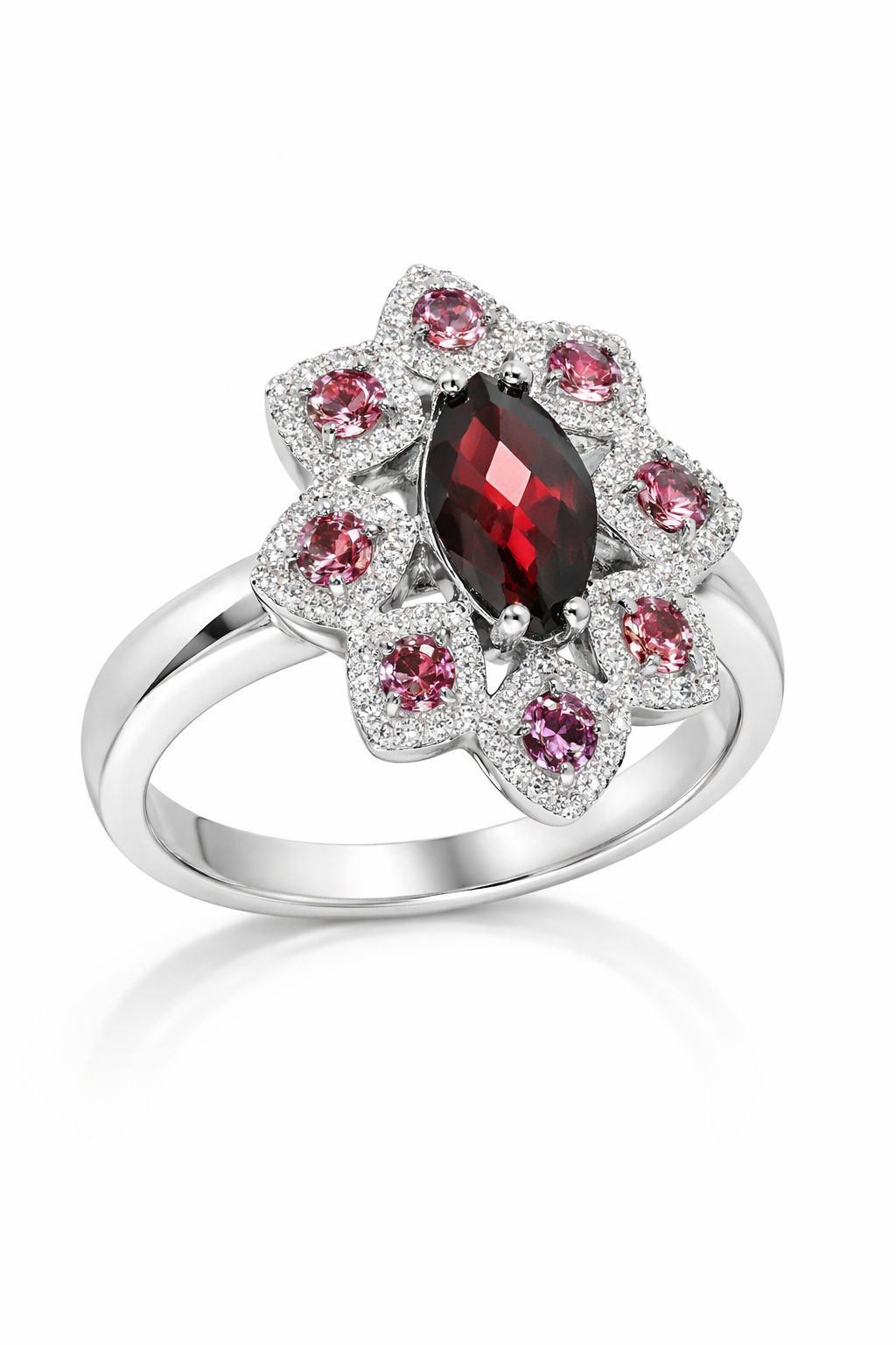 .925 Sterling Silver / Red Imperial Garnet / Rhodolite / White Topaz Ring .(4.13)