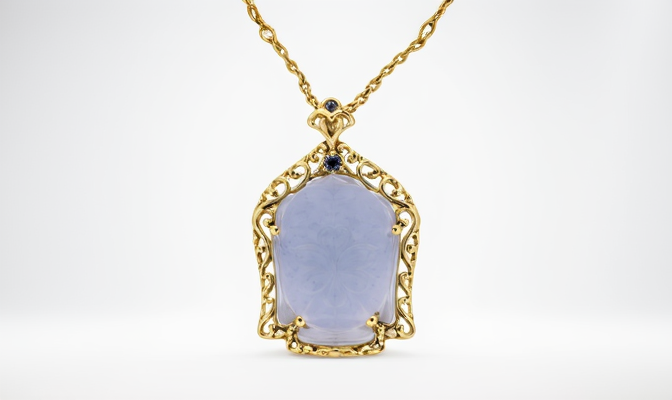 925 Vermeil Chalcedony Buddha - Blue Sapphire w- Chain Pendant - 35.15 cts