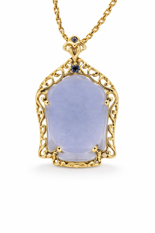 925 Vermeil Chalcedony Buddha - Blue Sapphire w- Chain Pendant - 35DOT15 cts