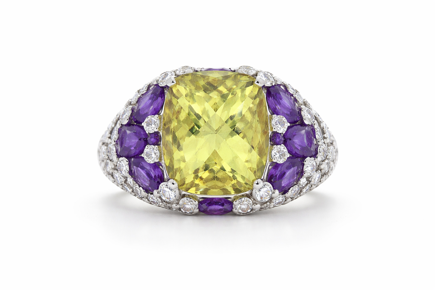 925 SS Lemon Quartz - Amethyst - White Topaz Ring - 15DOT70 cts