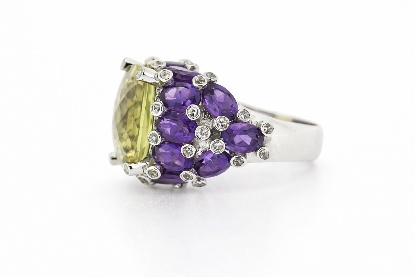 925 SS Lemon Quartz - Amethyst - White Topaz Ring - 15DOT70 cts