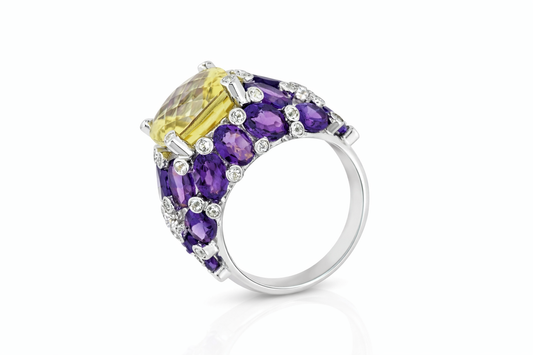 925 SS Lemon Quartz - Amethyst - White Topaz Ring - 15DOT70 cts