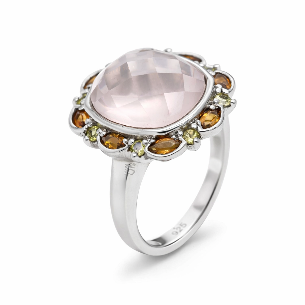Rose Quartz- Tourmaline - Citrine Silver Ring