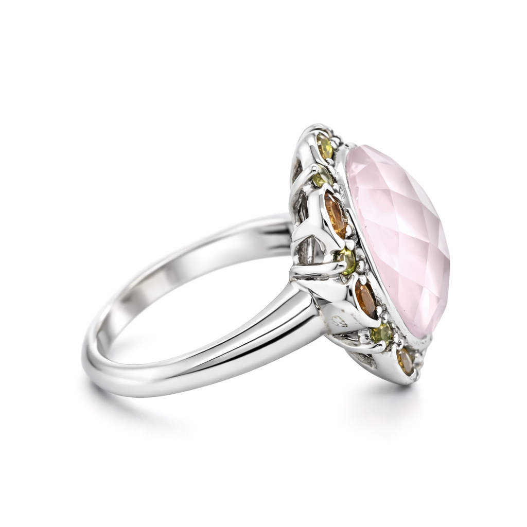 Rose Quartz- Tourmaline - Citrine Silver Ring